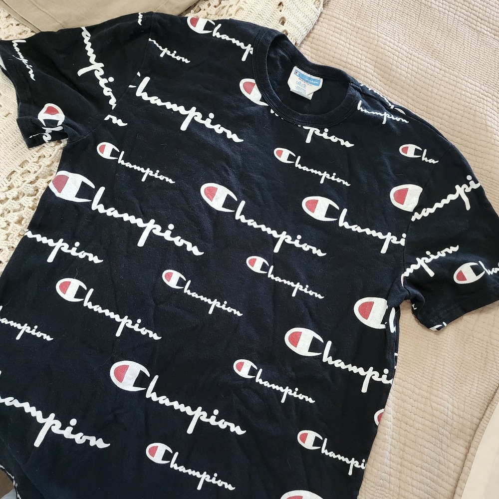 Champion‎ Mens Black Short Sleeve Logo Printed Tee Size S